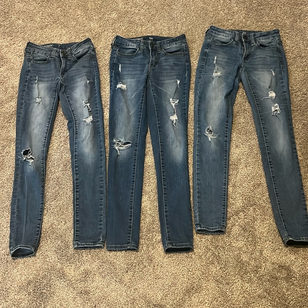 3 pair SO Jeggings, all size 0, all medium wash with distressing,